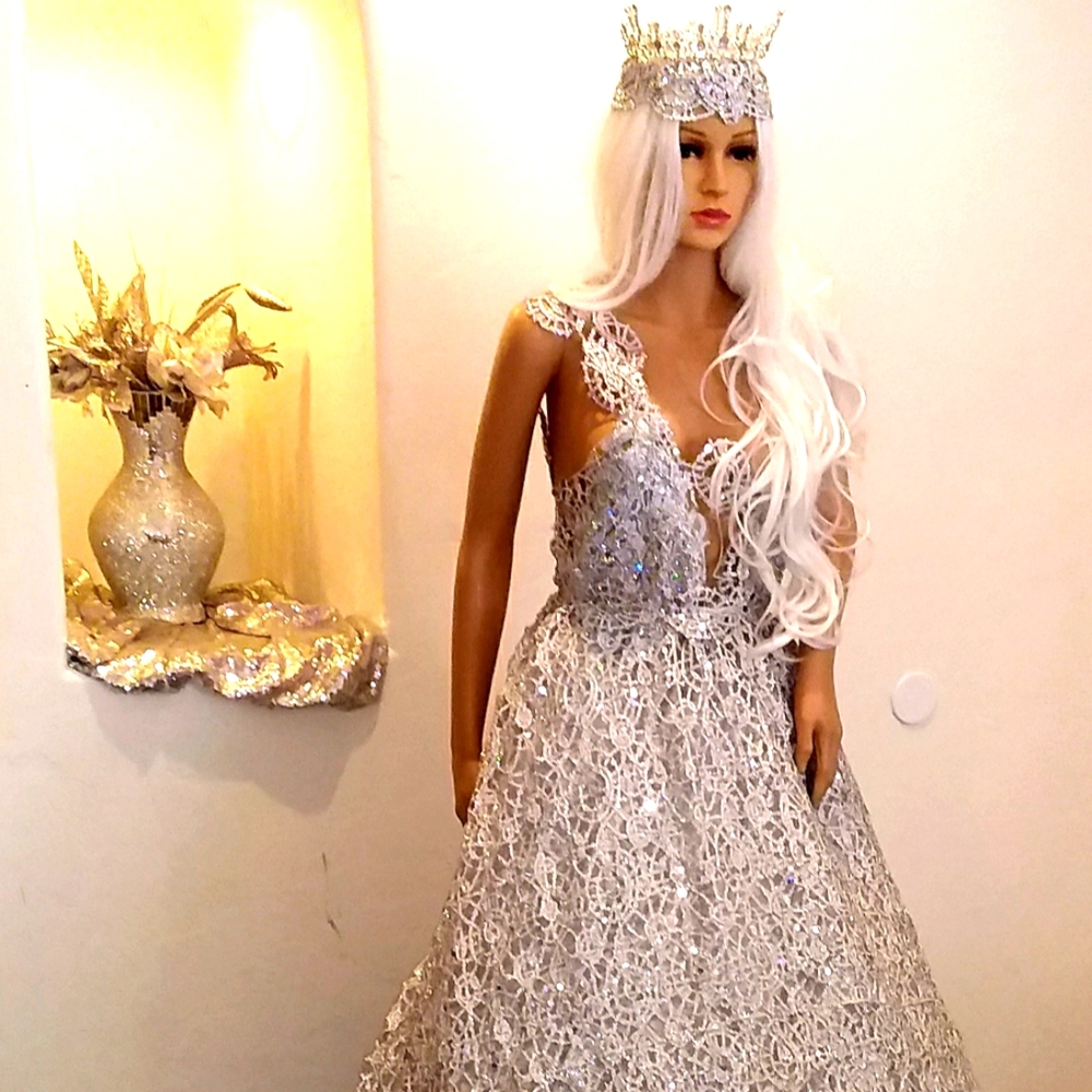 "HEIRESS" Silver Sequin Crystal Lace Wedding Ballgown Set